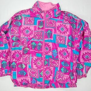Vintage Sunterra Aztec Windbreaker Pink Teal Jacket Women’s L Retro 90s Sporty